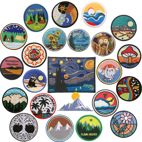 Embroidery Patches for Clothing Camp Iron On Patch Punk DIY Applique Clothes Stickers Van Gogh Star Night Mountain Wave Stripes ► Photo 1/6