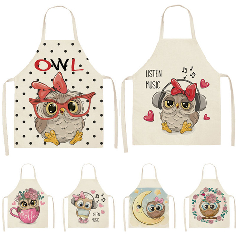 1pcs Owl Flower Printed Sleeveless Cotton Linen Apron Kitchen Brief Pinafore Women Home Cooking Baking Waist Bib 53*65cm WQL0148 ► Photo 1/6