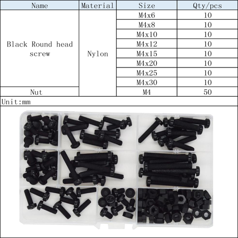 M2 M2.5 M3 M4 M5 M6 Black Nylon Pan Head Phillips Machine Screw Metric Thread Plastic Round Bolt Nut Assortment Kit Set ► Photo 1/5