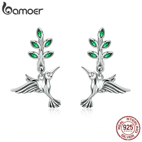 BAMOER 100% Genuine 925 Sterling Silver Hummingbirds Greetings Bird Stud Earrings for Women Fashion Earrings Jewelry SCE464 ► Photo 1/6