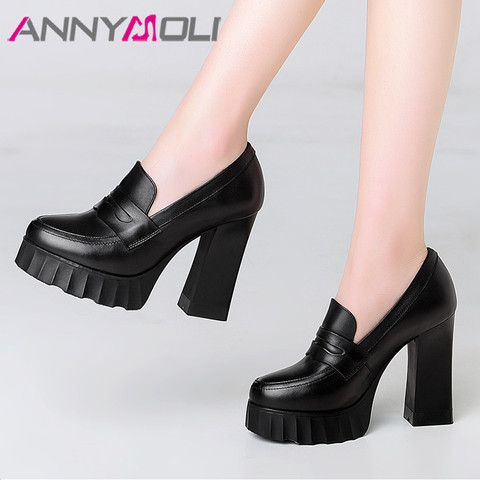 ANNYMOLI High Heels Women Shoes Natural Genuine Leather Platform Chunky High Heel Shoes Cow Leather Round Toe Pumps Ladies 34-39 ► Photo 1/6