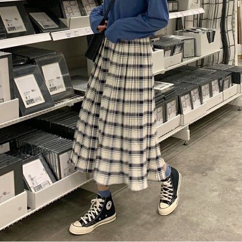 Vintage Cotton Plaid High Waisted Mid-Length Summer A- line Pleated Skirt Woman Skirts Mujer Faldas Saias Mulher ► Photo 1/5