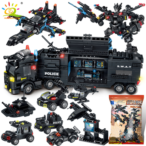 HUIQIBAO SWAT Police Station Truck Machine Building Blocks City Helicopter Car Special Forces Figures Bricks Educational Toys ► Photo 1/5