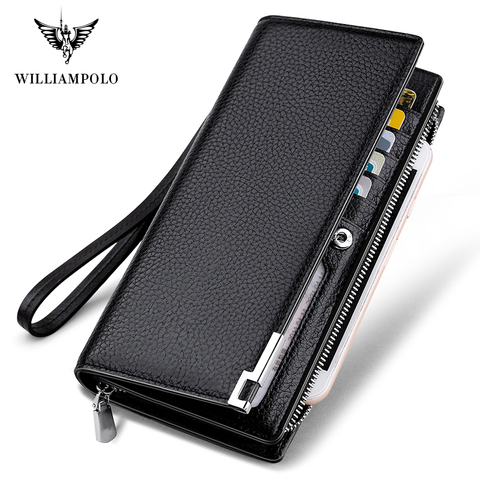 WILLIAMPOLO  Fashion Long Design Genuine Cow Leather Wallet Man Metal Corner Phone Wallet Luxury Wallet Black #129 ► Photo 1/6