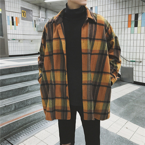 2022 New Fashion Men Plaid Shirt Casual Loose Wool Jacket Coat Men Long Sleeve Shirt Mens Clothing Streetwear ► Photo 1/6