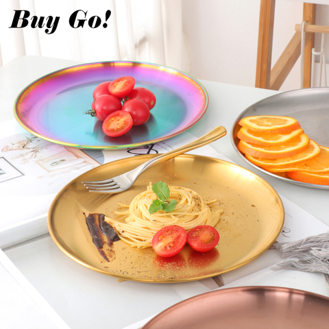 Stainless Steel Dinner Plates European Style Dessert Plate Kitchen Serving Dishes Salad Plate Cake Tray Western Steak Round Tray ► Photo 1/6