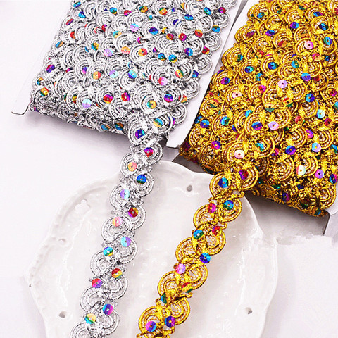 Sequined Lace Band 12 Yds Appliqued Colored Sequins Ribbons Belt Braided 3D Gold Flower Sewing Apparel Trim Handmade 2.7m Wide ► Photo 1/5