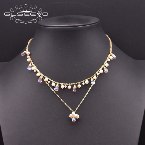 GLSEEVO Natural Pearl Charm Pendant Necklace For Women Wedding Gift  Romantic Double Czech Glass Handmade Luxury Jewelry GN0232 ► Photo 1/4