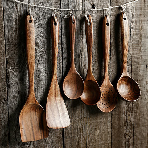 Thailand Teak Natural Wood Tableware Spoon Ladle Turner Long Rice Colander Soup Skimmer Cooking Spoons Scoop Kitchen Tool Set ► Photo 1/6