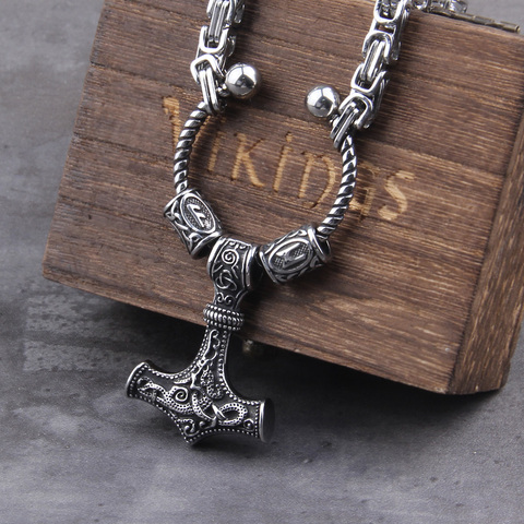 Stainless Steel king chain with rune beads and thor's hammer mjolnir viking necklace  with wooden box as boyfriend gift ► Photo 1/6