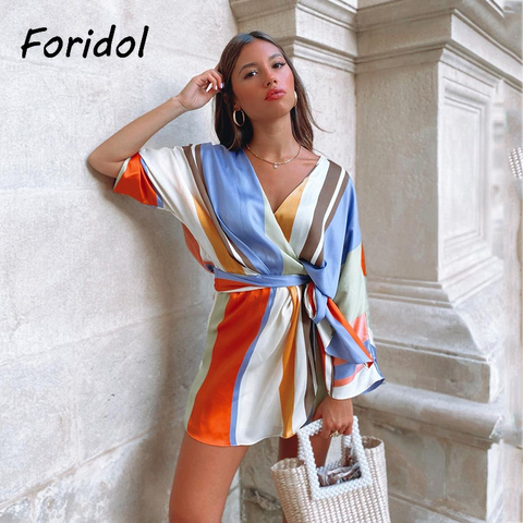 Foridol V Neck Stripe Casual Satin Romper Women Batwing Sleeve Wide Leg Fashion Playsuits Overalls Bowknot Loose Rompers 2022 ► Photo 1/6