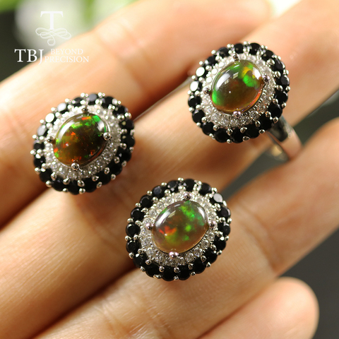 TBJ, Natural 3.8ct black Opal Jewelry Set oval cut 7*9mm  gemstone jewelry 925 sterling silver fine jewelry for women best gift ► Photo 1/6