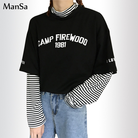 autumn Women letter print T Shirt Casual Boyfriend tshirt Harajuku loose Striped patchwork Female T-Shirts streetwear black Tops ► Photo 1/6