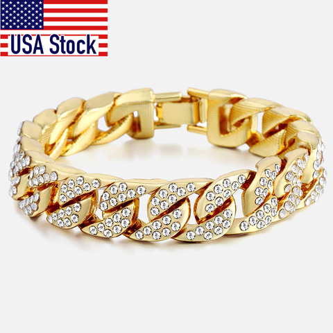 14mm Men's Bracelet Hip Hop Miami Cuban Link Gold Silver color Iced Out Paved Rhinestones Male Wristband Street Jewelry GB403 ► Photo 1/6