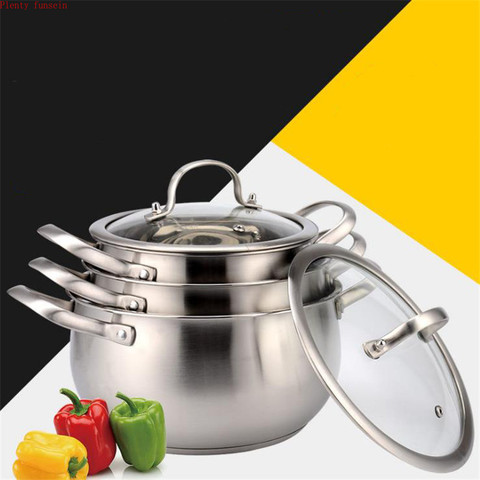 Thickened bottom stainless steel soup pot with double handle glass cover induction gas cooker non-stick mouth 18/20/22/24 cm ► Photo 1/6