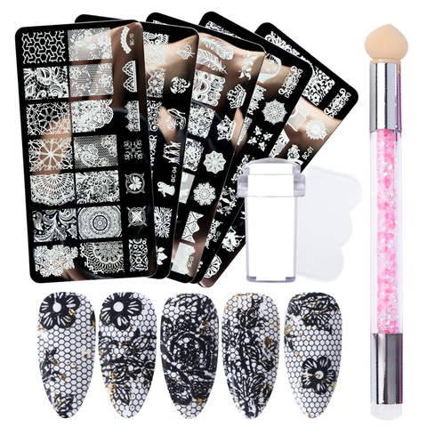 4pcs Nail Art Stamping Plate Flower Lace Patterns Image Stencil Stamper Gradient Nail Brush Nail Set Template Tools LYBC01-20-2 ► Photo 1/6