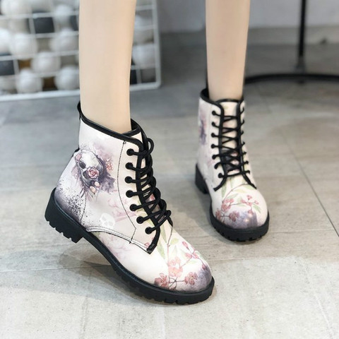 Hot Skeleton Women Snow Ankle Boots Motorcycle Skull Pansy Low Heels Shoes Vintage Pu Leather Warm Winter High Platform ► Photo 1/6