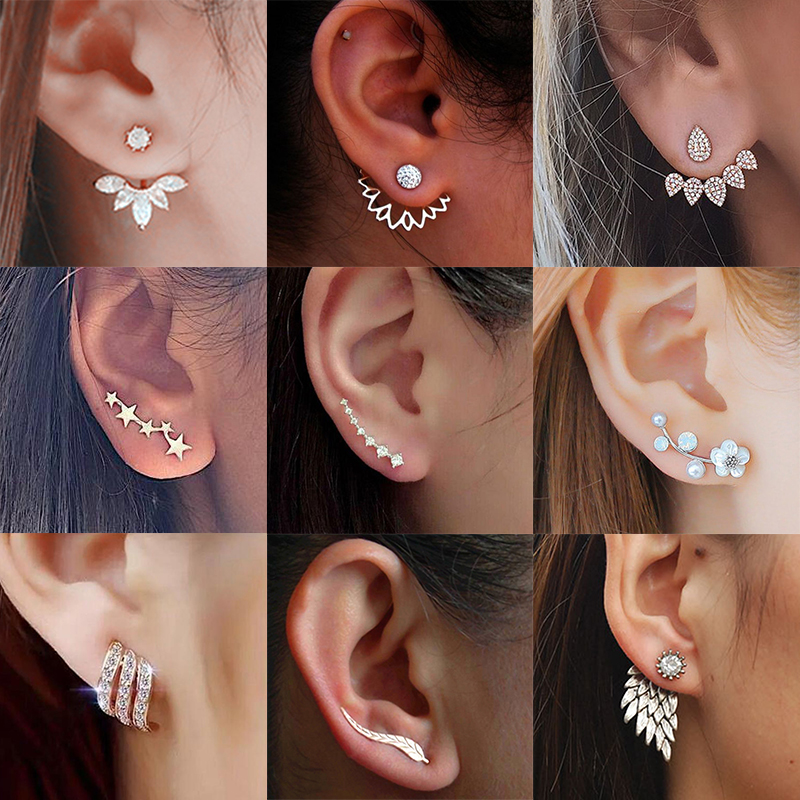 Sparkle Crystal Rhinestone Silver Gold Metal Floral Flower Stud Earrings Lovely Elegant Fashion Jewelry Accessory Women Lady Girl Gift New