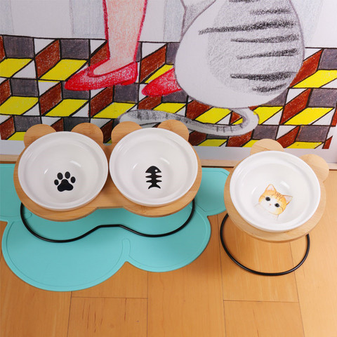 High-end Pet Bowl Bamboo Shelf Ceramic Feeding and Drinking Bowls for Dogs and Cats Cute Dog Bowl Pet Feeder Accessories ► Photo 1/6