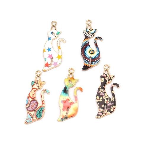 Doreen Box Bohemian Pendants Cat Animal Gold Color Metal Multicolor Star Flower Pattern Enamel Charms Jewelry 37mm x 13mm, 10PCs ► Photo 1/6