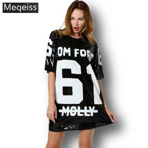 Sequins Medium-long Tee Shirts 2022 New letter Short Sleeve T Shirt O-neck Women t shirt Fashion Blingbling TShirts wholesale ► Photo 1/6