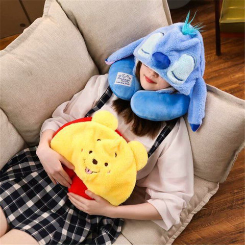 disney Lilo and Stitch Cartoon Soft Hooded U-pillow Travel Pillow plus hat Cushion Soft Nursing adult kids Winnie Pillow gifts ► Photo 1/6