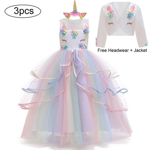 Christmas Girl Unicorn Rainbow Long Dress Flower Girl Wedding Party Princess Dress Lucky Baby Girls Birthday Dress Set 3-12 Year ► Photo 1/6