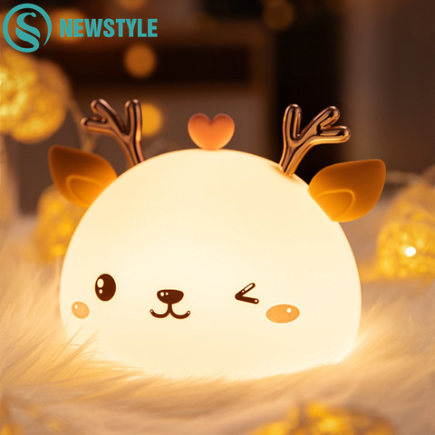 Colorful Deer Night Light Silicone Touch Sensor Cute Animal Soft USB Rechargeable Lamps for Children Bedroom Baby Christmas Gift ► Photo 1/6