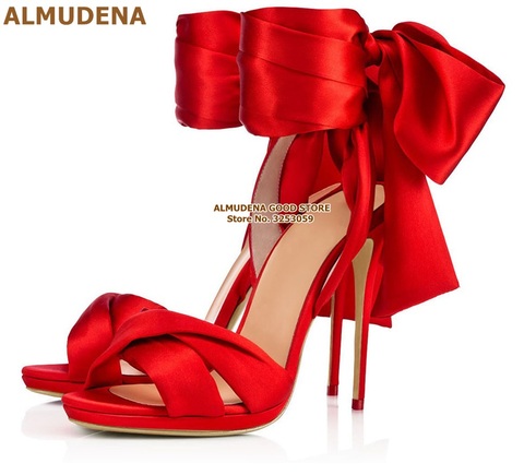 ALMUDENA Red Satin Cloth Big Bowtie Sandals Stiletto Heels Silk Fabric Lace-up Butterfly-Knot Wedding Shoes Celebrity Stage Pump ► Photo 1/6