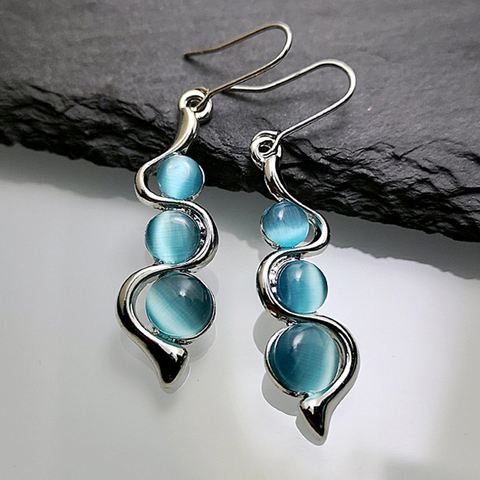 Fashion Beaded Earrings Resin Stone Blue Moonstone Dangle Long Jewelry Charm Silver Color Twist Hook Earring For Women O5D408 ► Photo 1/5