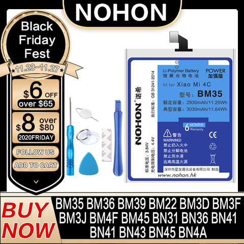 NOHON Battery For Xiaomi Mi5 Mi4C Mi6 Mi 3 4 6X Redmi Note 2 3 4 4X 5 BM35 BM22 BM36 BM3E BN31 BM45 BM46 BN41 BN43 BN45 Bateria ► Photo 1/6