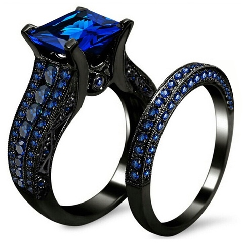 FDLK Black Gold Rhinestone Princess Cut Black or Blue CZ Wedding Engagement Band Bridal Rings Set Size 5-12 ► Photo 1/6