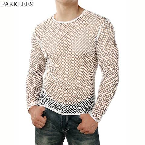 White Mesh See through Fishnet T-shirt Men 2022 Sexy New Long Sleeve Transparent Tee Shirt Homme Hip Hop Streetwear Camisetas ► Photo 1/6