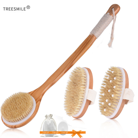 TREESMILE Natural Bristle Bath Brush Exfoliating Wooden Body Massage Shower Brush SPA Woman Man Skin Care Dry Body Brush D40 ► Photo 1/6