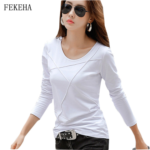 Autumn New Women Tee T Shirt Femme Slim Long Sleeve Black White Blue Office T Shirt Lady Tops Cotton T-Shirt Casual High Quality ► Photo 1/6