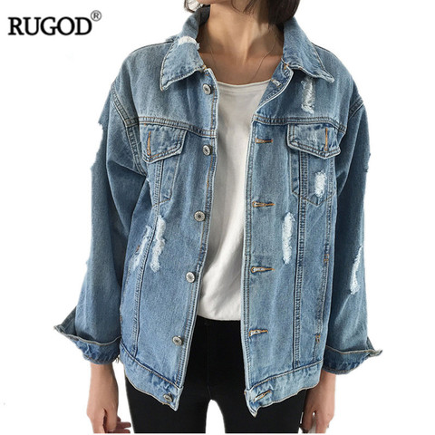 RUGOD New Ripped Holes Jean Jacket Women Vintage Long sleeve Denim Jacket Femme streetwear Bomber Jacket Plus size Basic Coats ► Photo 1/6