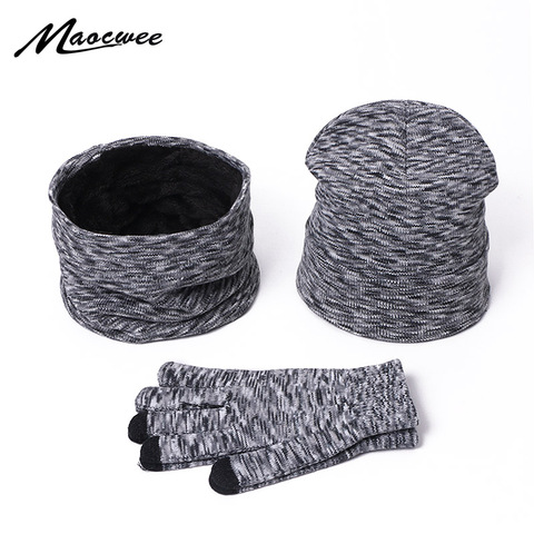 Winter Hat Scarf Gloves Set Solid Color Women Men Beanie Hats Warm Outdoor Knit Windproof Hat Hedging Cap With Lining Hats Bonet ► Photo 1/6