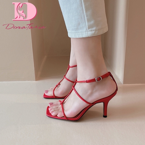 Buy Online Dora Tasia Hot Sale Large Size 43 Genuine Leather Women Sandals Thin Heels Metal Decoration Pumps Summer Casual Woman Shoes Alitools