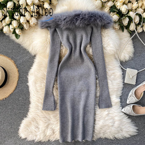 Women Knitted Dress 2022Autumn Winter Long Sleeve Off Shoulder White Sexy Party Dresses For New Year Furry Collar Elegant Robe ► Photo 1/6