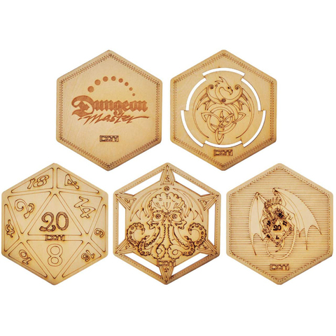D&D Decorative Wood Coasters Cool & Unique Table Mug Cup Mats Laser Engraved with Dragon, D20 and Cthulhu (Set of 3) ► Photo 1/5