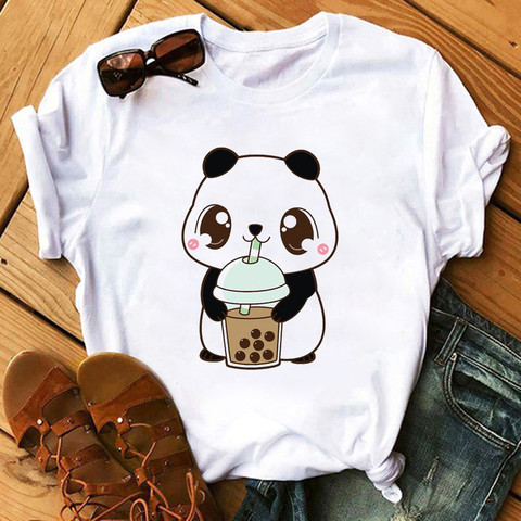 Cute Panda T Shirts Women fashion Graphic Tees Fashion Milk Tea Printed Women Tops Funny Vintage Casual Female Tshirt ► Photo 1/6