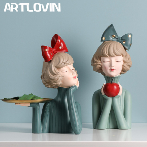 Stylish Bowknot Girl Sculpture Resin Figurines Creative Bust Woman Statues TV & Wine Cabinet Decorations Figures Turquoise Color ► Photo 1/6