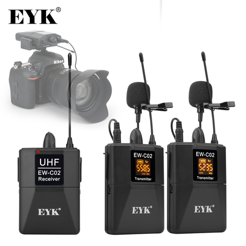 EYK EW-C02 30 Channel UHF Wireless Dual Lavalier Microphone System 60m Range for DSLR Camera Phone Interview Recording Lapel Mic ► Photo 1/6