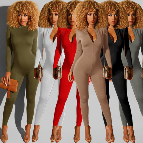 Activewear Casual Zipper Up Rompers Womens Jumpsuit Deep V Neck Full Sleeve One Piece Overall Casual Workout Skinny Bodysuit ► Photo 1/6