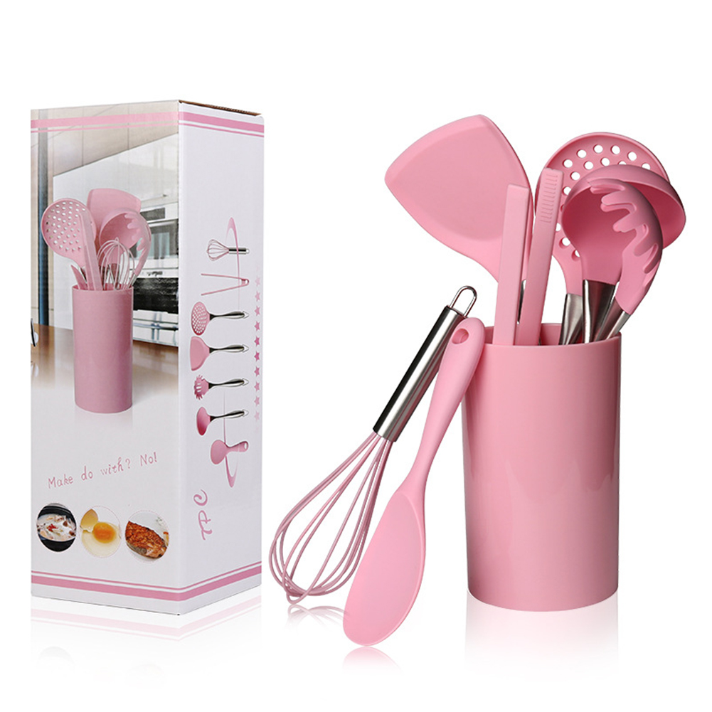 9 or 12pcs Pink Cooking Tools Set Premium Silicone Kitchen Cooking Utensils  Set with Storage Box Turner Tongs Spatula Soup Spoon