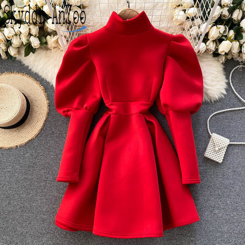 2022 Autumn Winter Puff Long Sleeve Dresses For Women Party Christmas Turtleneck Slim A-Line Elegant New Year Woman Red Dress ► Photo 1/6