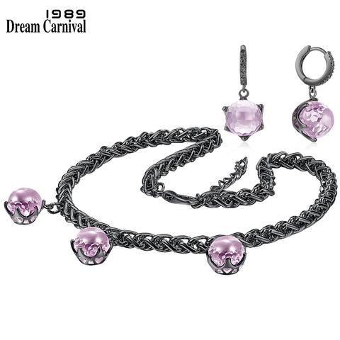 DreamCarnival1989 Thick Weaving Necklace Earrings Set for Women Black Pink Color Anniversary Zircon Jewelry Love Gift EN868PKS2 ► Photo 1/6