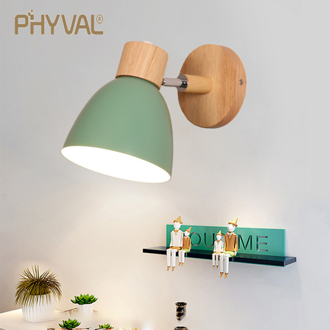 PHYVAL Nordic Wall Lamp Bedside Wall Light Wooden Wall Sconce For Bedroom Living Room Home Lighting E27 Macaroon Steering Head ► Photo 1/1