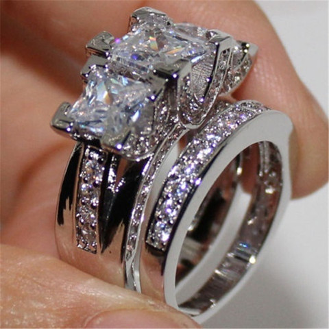 2 pcs/set Hot Sale BIg Zircon CZ Stone Bling Silver Color Wedding Engagement Ring Set for Women Fashion Jewelry Gift 2022 ► Photo 1/4