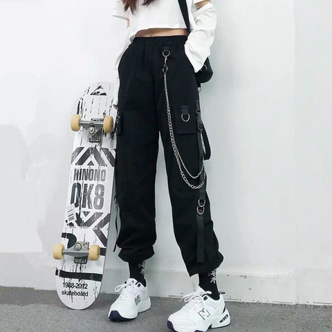 Women's Cargo Pants 2022 Autumn Winter Fashion Pockets Loose Punk Trousers With Chain Harajuku Elastics High Waist Streetwear ► Photo 1/6